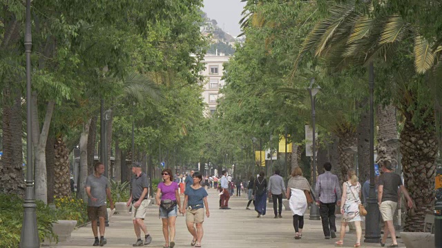 人们走过Paseo Espana，马拉加，安达卢西亚，西班牙，欧洲视频素材