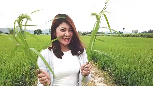 快乐的亚洲妇女享受在绿色的稻田，泰国农村日落视频素材