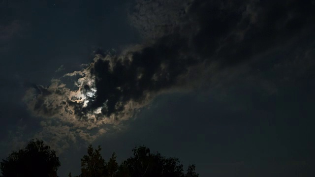 满月在夜空中穿过乌云和树木。间隔拍摄视频素材