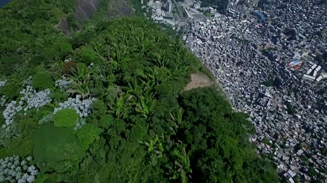 贫民窟的空中天线:从森林中向上倾斜，露出巴西里约热内卢的Sao Conrado和Rocinha视频素材