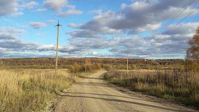 秋天农村的土路上有柱子和电线。景观田野上的背景是秋天的森林。黄色的草在风中摇摆。五颜六色的树叶的树。成熟的秋天。秋天的森林里，树叶飘落。保护环境，保护森林资源，保护地球生态视频素材