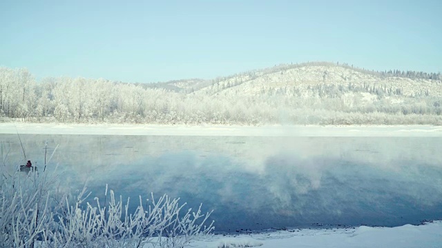 冬季河流的全景图。雪中的树。视频下载