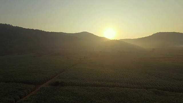 无人机镜头视图:在日出柔和的光线下飞过山林，田野和河流。视频素材