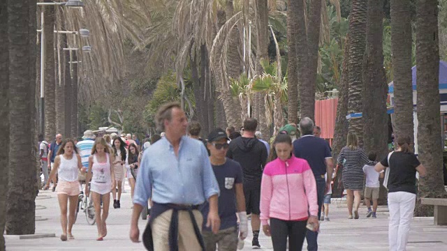 人们走在Paseo Maritimo, Marbella, Andalucia，西班牙，欧洲视频素材