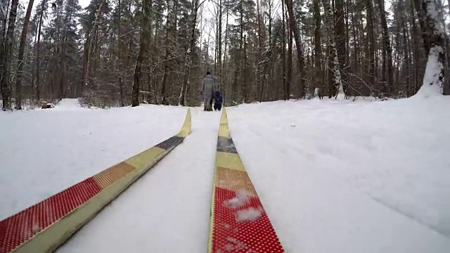 冬季健康生活理念。在下雪的冬天越野滑雪。越野滑雪的人会去圣诞森林。慢慢地下起了一场大雪。移动的摄像机安装在旧的越野滑雪板上。第一人称视角- POV视频素材