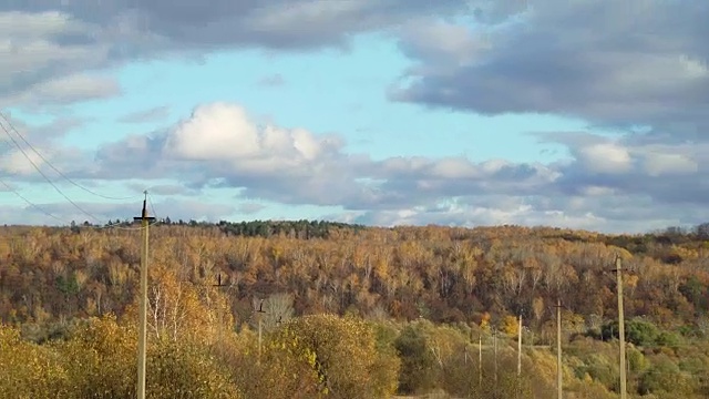 秋天农村的土路上有柱子和电线。背景上的景观领域秋天森林的时间流逝。黄色的草在风中摇摆。五颜六色的树叶的树。成熟的秋天。秋天的森林里，树叶飘落。保护环境，保护地球和森林资源视频素材