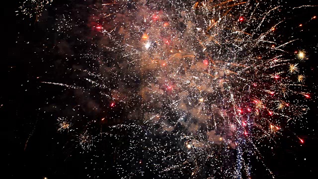 在庆祝活动中，各种颜色的烟花在夜空中爆炸。视频素材