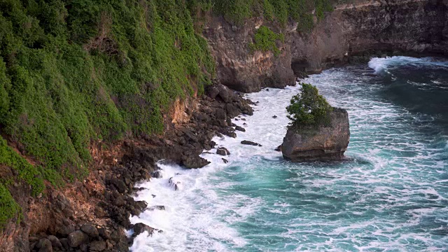 大海里的大石头上的树。印尼巴厘岛乌鲁瓦图神庙海岸视频素材