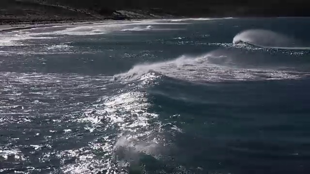 在福克兰群岛，桑德斯岛，海浪翻滚到海滩上视频素材