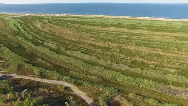 航拍图:蓝色海湾，海岸线沙质，植被繁茂视频素材