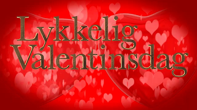 挪威语情人节快乐，红色背景中是Lykkelig Valentinsdag，红色背景中有两个跳动的3D红心和移动的心形颗粒视频素材