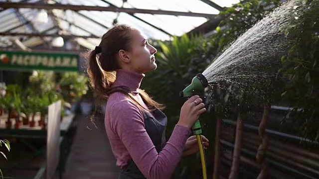 年轻迷人的女园丁在统一浇水植物与花园软管在温室视频素材