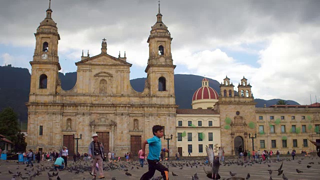 玻利瓦尔广场上的鸽子和人们，坎德拉里亚，Bogotá，哥伦比亚视频素材