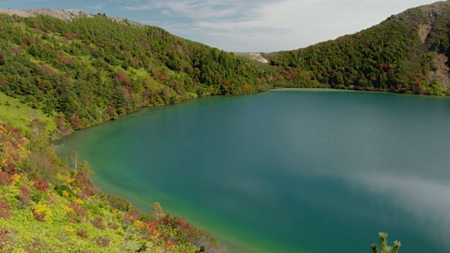 日本福岛湖岸秋叶中的五色沼的表面视频素材