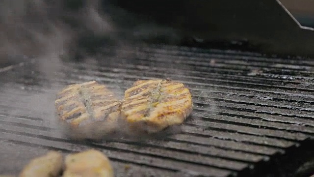 厨师在烤架上烹饪肉和鱼视频素材