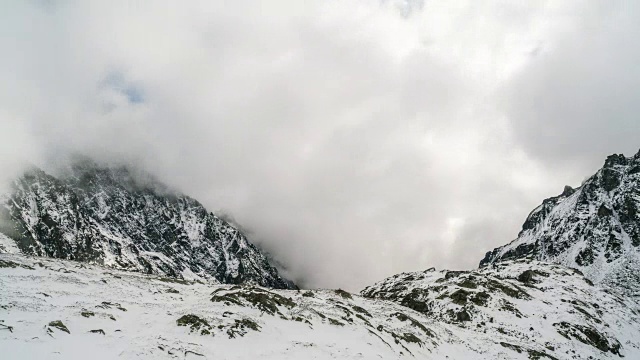 在冬季的时间流逝中，云在雪山山谷中翻滚，岩羚羊在寻找食物视频素材