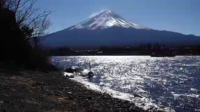 路过川口湖富士山的游船视频素材