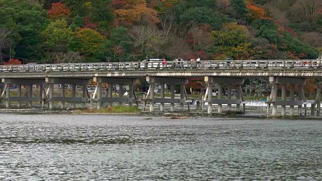 游客在日本京都岚山秋日参观月桥视频素材