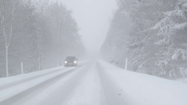 冬季驾驶-在一个大雾天大雪在一个下雪的乡村道路上驾驶-手持拍摄，稳定视频素材