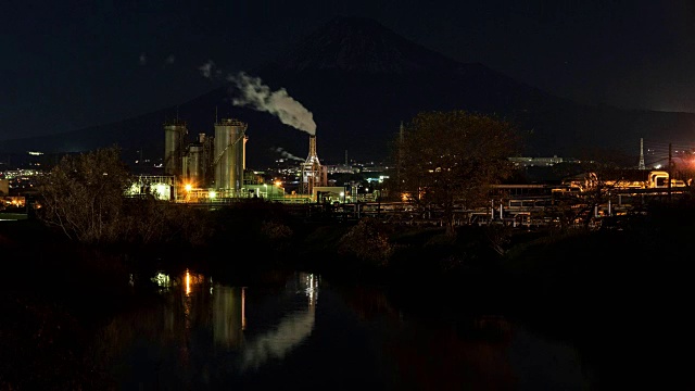 夜幕降临时富士山在工厂上空视频素材