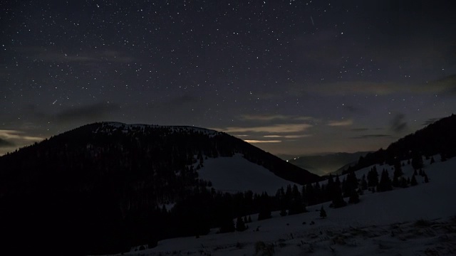 星星和云在冬季群山的夜空中移动。梦幻般的天文延时视频素材