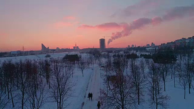 大城市公园上空多层公寓住宅小区的空中全景。提升相机运动。视频素材