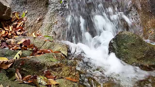 水流流过岩石和苔藓，流入热带森林中的瀑布小溪。视频素材