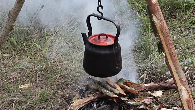 野外露营时在篝火上准备食物视频素材