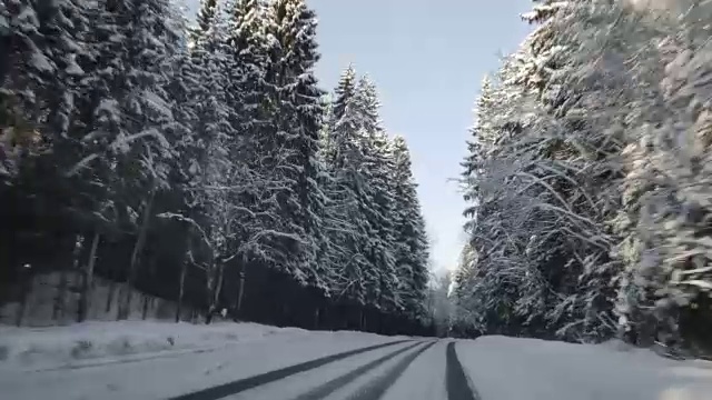 在冬天沿着森林道路行驶的汽车。在下雪的乡村道路上驾驶POV。被雪覆盖的道路视频素材