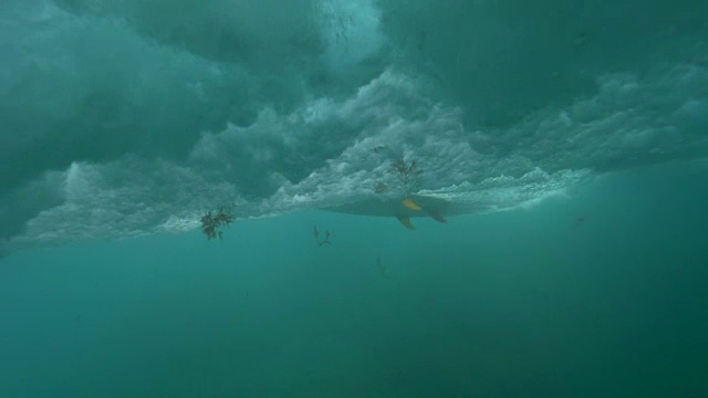 水下:汹涌的海浪带着冲浪板上的不明人士。视频素材