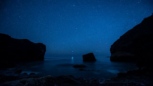 延时。星星在多岩石的海岸上空划过视频素材