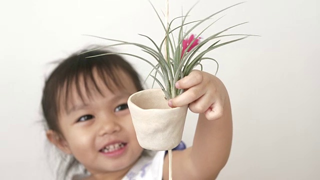 亚洲女婴正把小小的紫罗兰仙人掌树和妈妈一起挂在花盆里视频素材