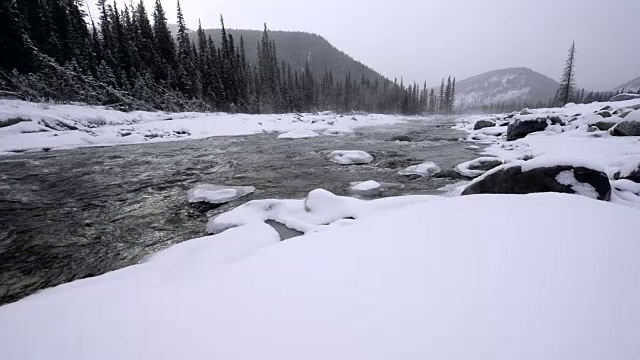 冰天雪地的河流在暴风雪中滑行视频下载