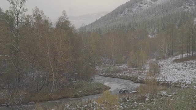 冬季降雪期间的山地景观。山、河、溪、树视频下载