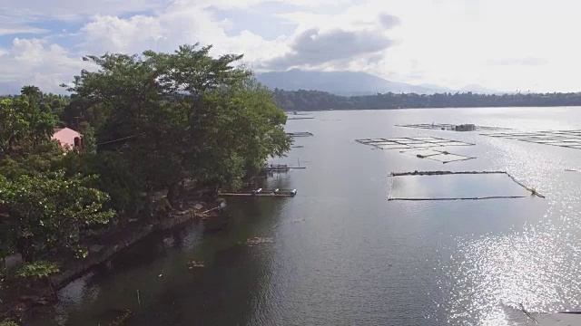 山、湖岸树木和植被。无人机的空中。视频素材