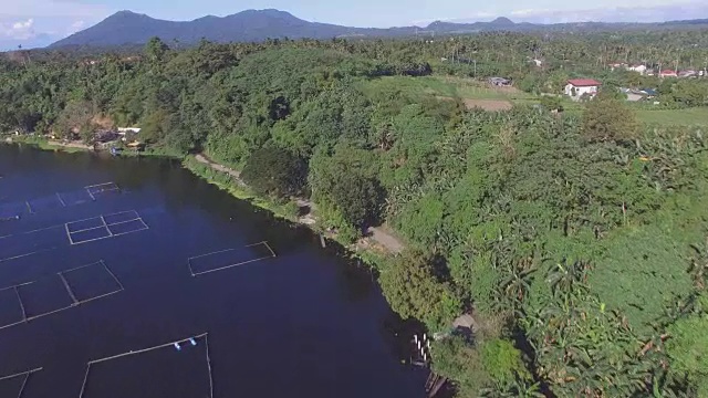 山、湖岸树木和植被。无人机的空中。视频素材