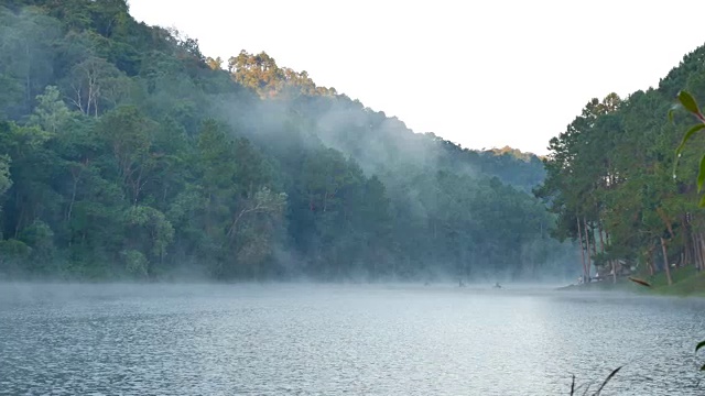 早上，游客在竹筏上通过雾漂浮在湖面上，泰国Mae Hong Son视频素材