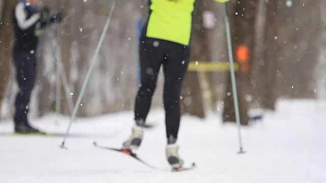 人们在冬季公园滑雪视频素材