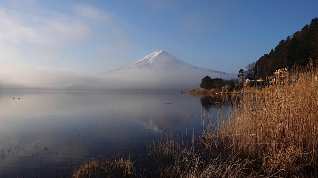 薄雾清晨，富士山映在川口湖中视频素材