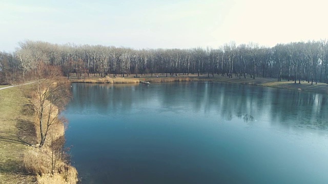 无人机飞越芦苇在奥地利的冬天和一个蓝色的小湖视频下载