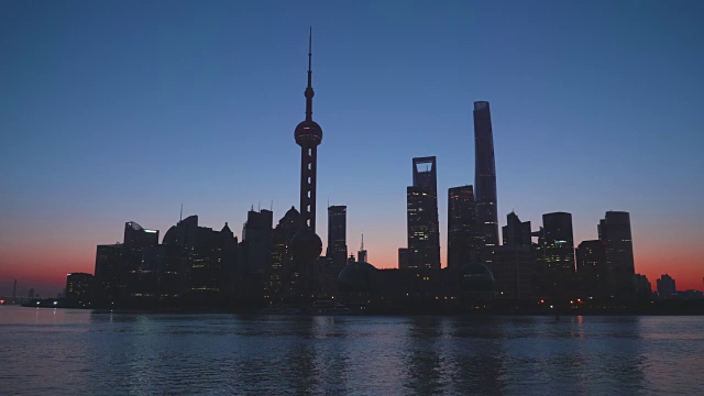 清晨的上海剪影。陆家嘴金融区剪影与黄浦江。中国远景。视频素材