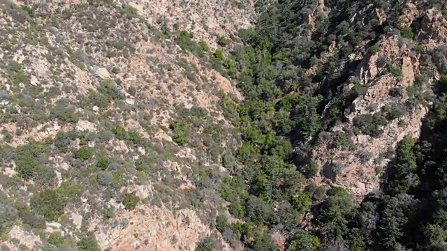 空中拍摄快速飞行和向下看美丽的圣加布里埃尔山与树木，泥土，小径，岩石，和草在阿尔塔迪纳，帕萨迪纳，加州，洛杉矶视频素材