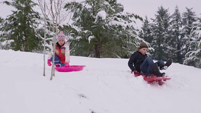 孩子们在冬天用雪橇从白雪覆盖的山上滑下来视频素材