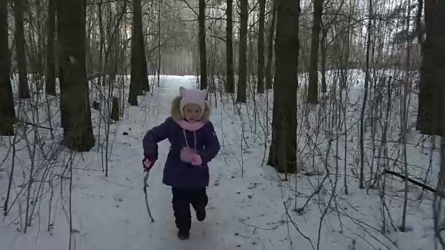 跑步少女有乐趣闲暇时间在冬季森林视频素材