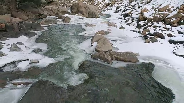 鸟瞰图一个落基山脉的河流在冬天的景色视频素材