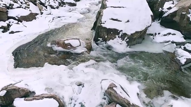 鸟瞰图一个落基山脉的河流在冬天的景色视频素材