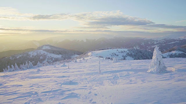 冬季日落时，冰雪覆盖的景观和山上的树木视频素材