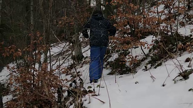 森林里的男孩。雪地里的脚步声。蓝色裤子，棕色头发。害怕和孤独视频素材