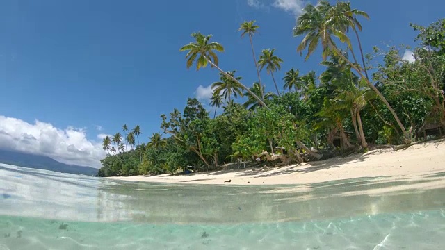 半进半出:海蓝宝石色调的纯净海洋靠近斐济的沙滩海岸线视频素材