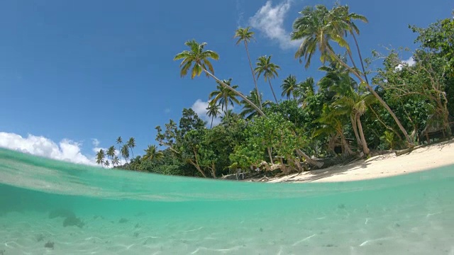 在阳光明媚的日子里，美丽的沙滩被纯净的蓝色海洋所包围视频素材